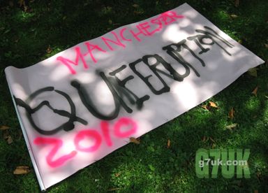 Queeruption 2010 - banner in the peace garden near Manchester town hall