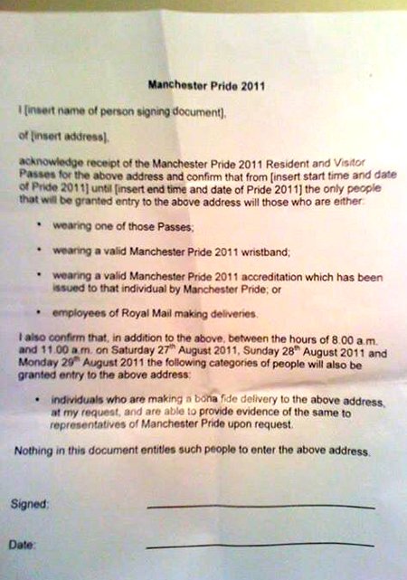 Letter to residents from Manchester Pride in 2011