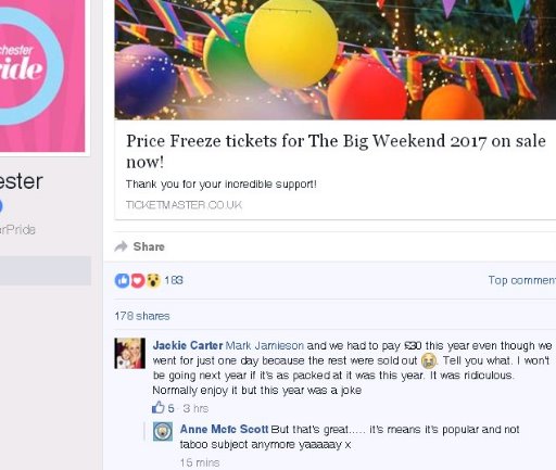 Day tickets discussed on Manchester Pride's Facebook page