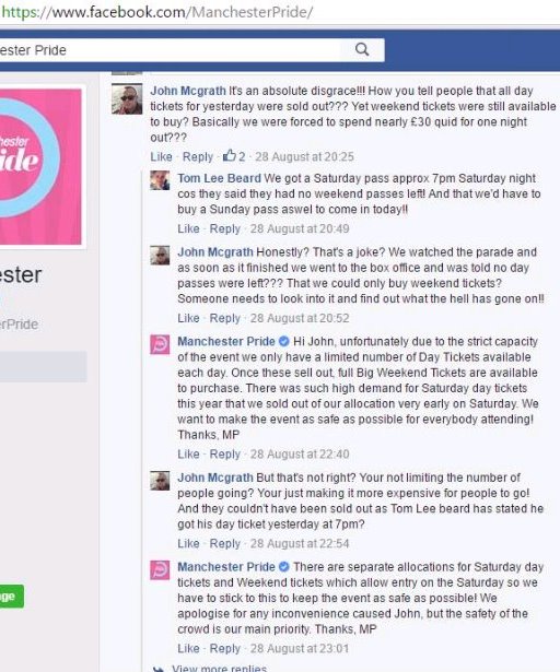 Day tickets discussed on Manchester Pride's Facebook page