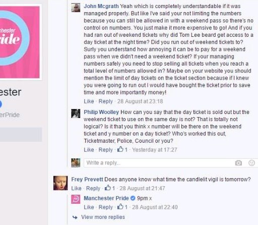 Day tickets discussed on Manchester Pride's Facebook page