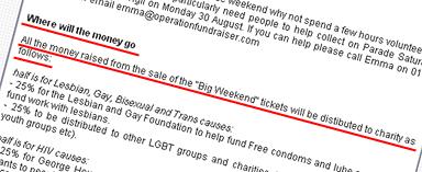 In this grab from Operation Fundraiser's site in 2004 you can see they say that 'all' money 'raised' from the sale of tickets will be distributed to charity