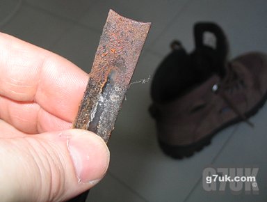Sharp piece of metal in the sole of a boot from United Footwear, Oldham Street, Manchester