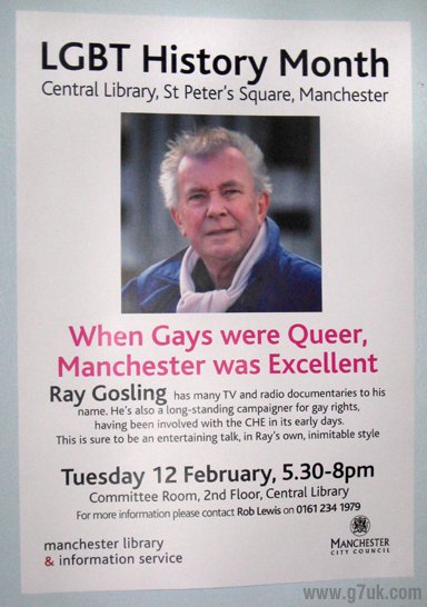 The poster for a talk by broadcaster and veteran gay rights campaigner Ray Gosling at Manchester Central Library on 12 February 2008
