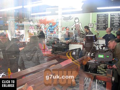 TV crew filming a drama for Granada TV in the KoffeePot cafe, Stevenson Square, Manchester