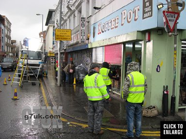 TV crew filming a drama for Granada TV in the KoffeePot cafe, Stevenson Square, Manchester