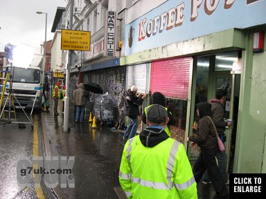 TV crew filming a drama for Granada TV in the KoffeePot cafe, Stevenson Square, Manchester