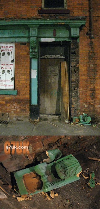 Vandalised moulding from the door of the former Cross Keys pub in Ancoats