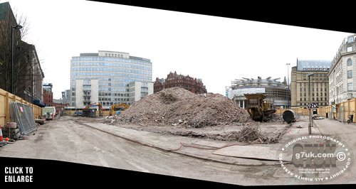 Demolition at the corner of St. Peters Square and Oxford Street, Manchester. In the background are the Midland Hotel and Central Library.