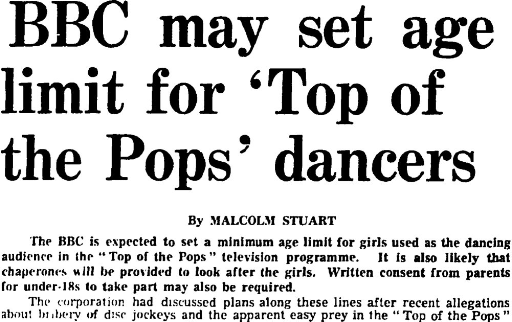 BBC action following the suicide of a 15 year old Top of the Pops dancer. From the Guardian dated April 5, 1971.