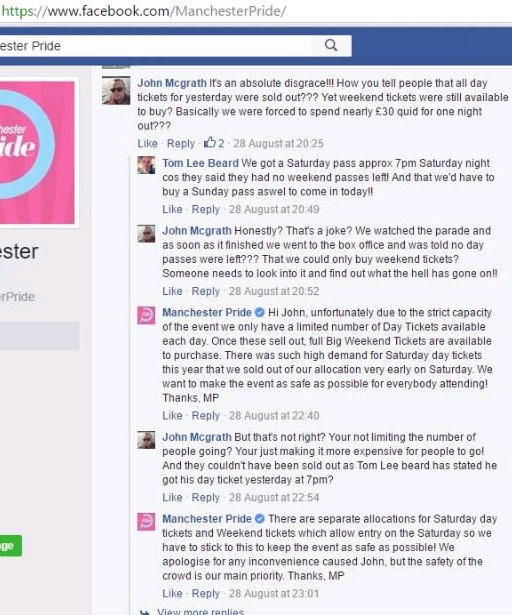Day tickets discussed on Manchester Pride's Facebook page