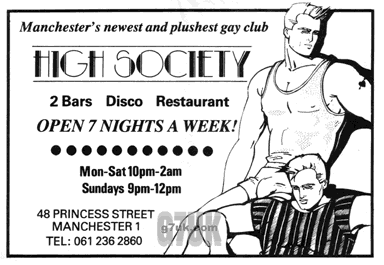 Ad for High Society gay club, Manchester 1980's
