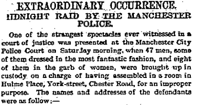 The Guardain, 27 September 1880. Police raid on a drag ball in Manchester