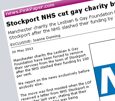 The Pink Paper's article about NHS Stockport's funding cut for the LGF