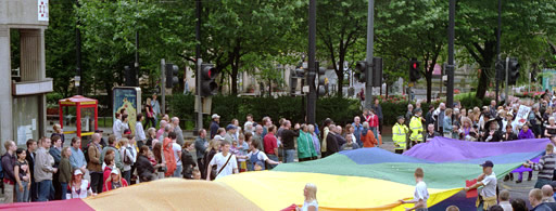 Rainbow-coloured freedom flag on Princes Street at Manchester Mardi Gras 2002