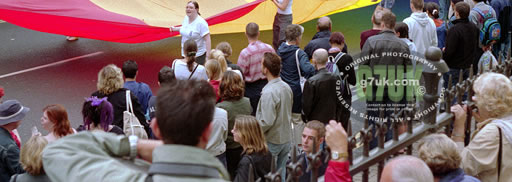 Rainbow-coloured freedom flag on Princes Street at Manchester Mardi Gras 2002