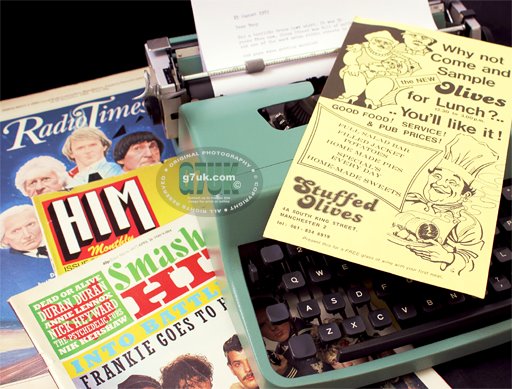 Flyer for Stuffed Olives mid-1980's with typewriter and magazines of the time